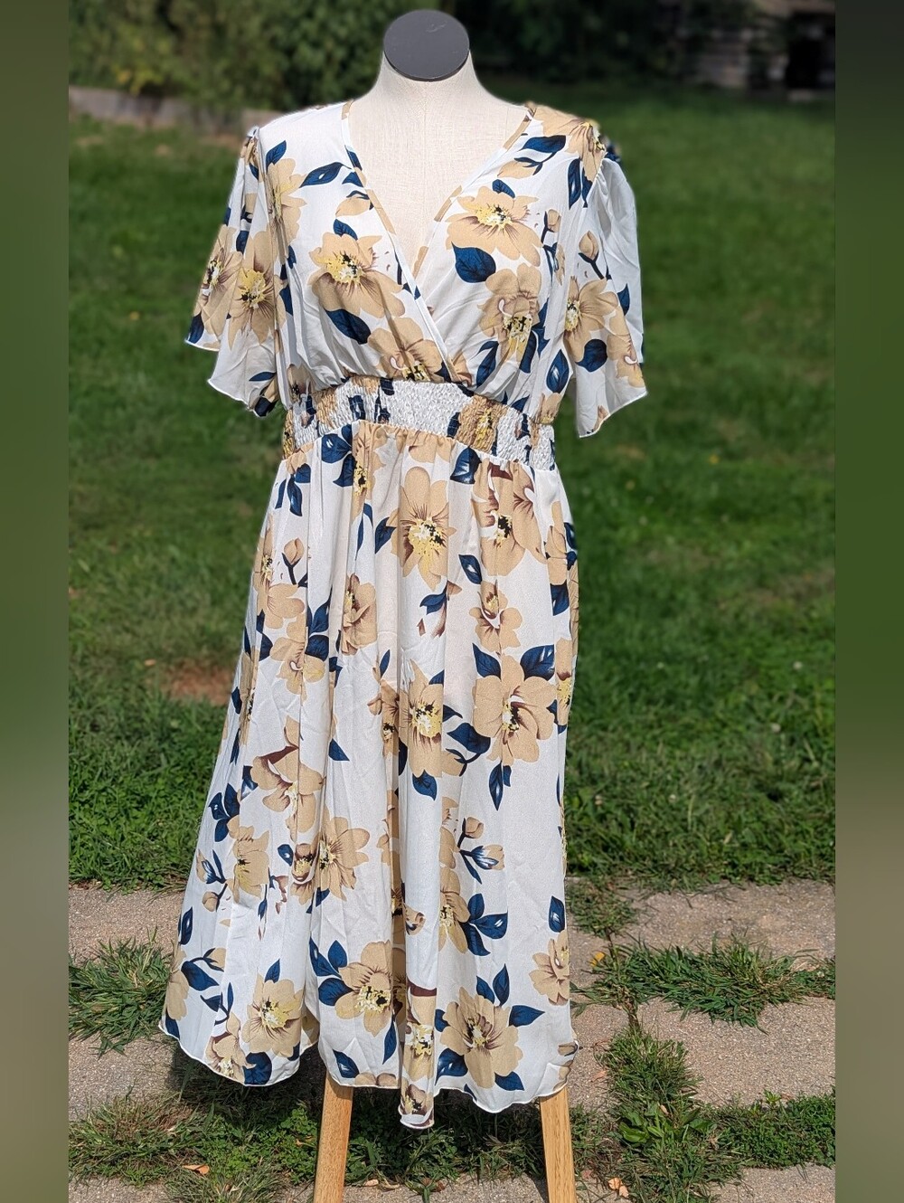 SHEIN White Midi Dress with Beige Floral and Navy Leaves